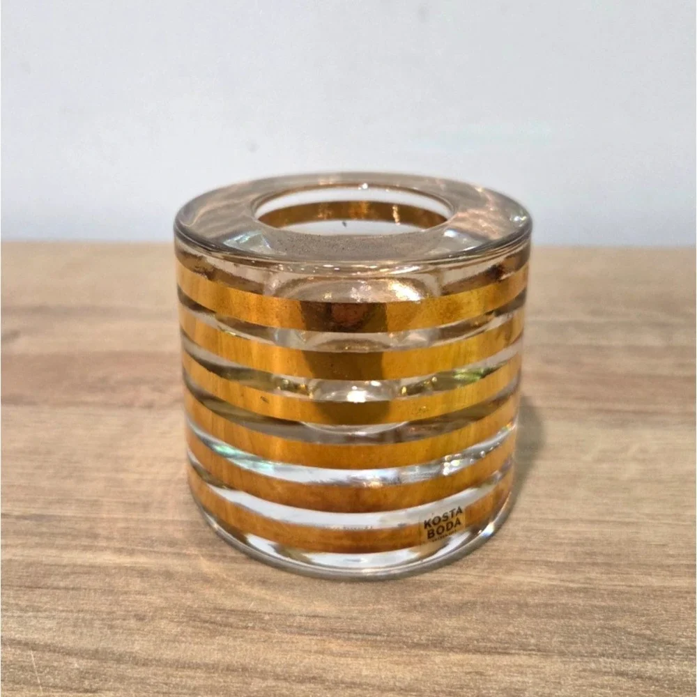 Kosta Boda Anna Ehrner Glimmer Gold Stripe Glass Votive Tealight Candle Holder